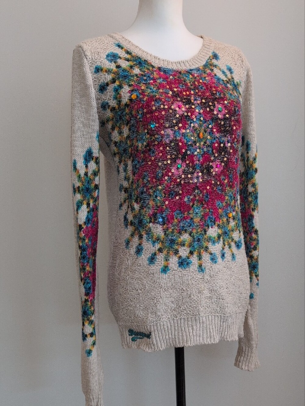 Vintage Desigual Mandala Sequin Knit Pullover Sweater Boho Chic XLARGE - Picture 8 of 10